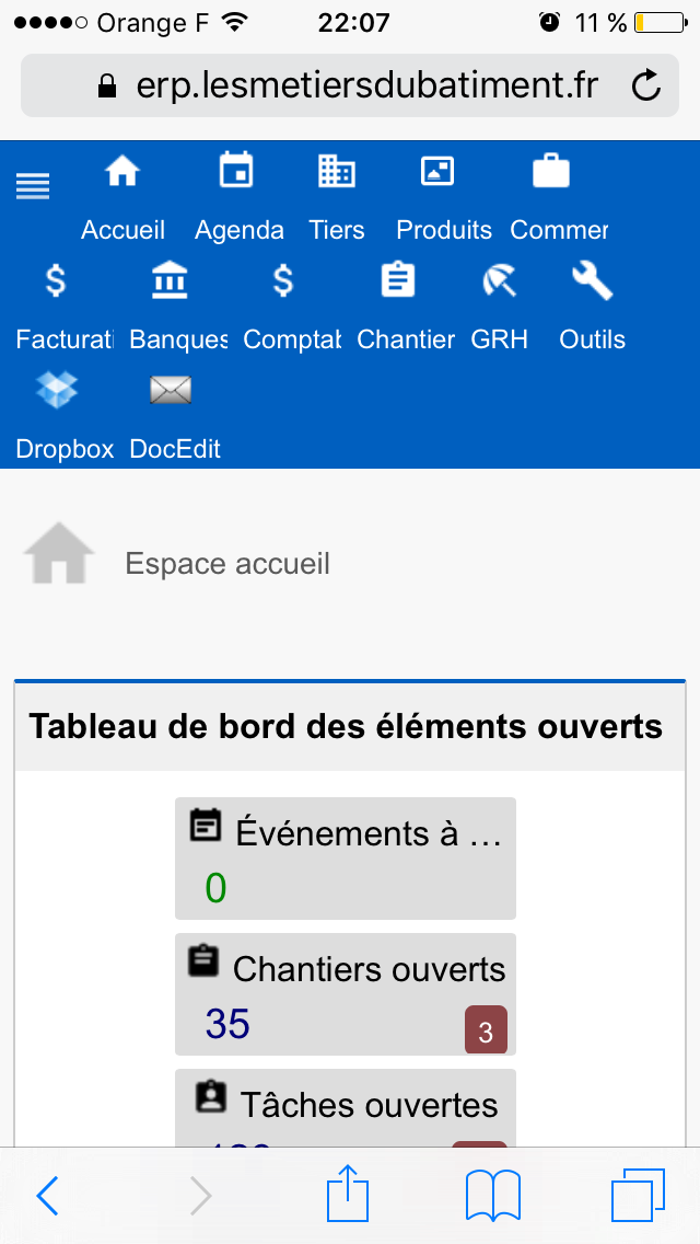 Interface mobile Dolibarr Les Metiers du Batiment